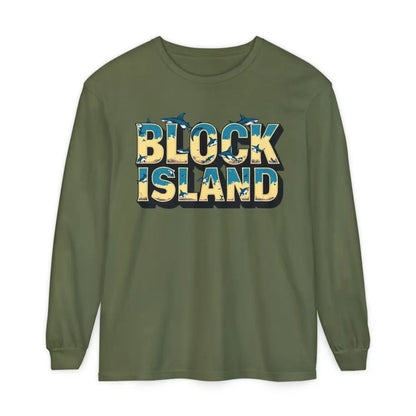 Olive green long-sleeved shirt from the BLOCK ISLAND Unisex Long Sleeve Tee collection