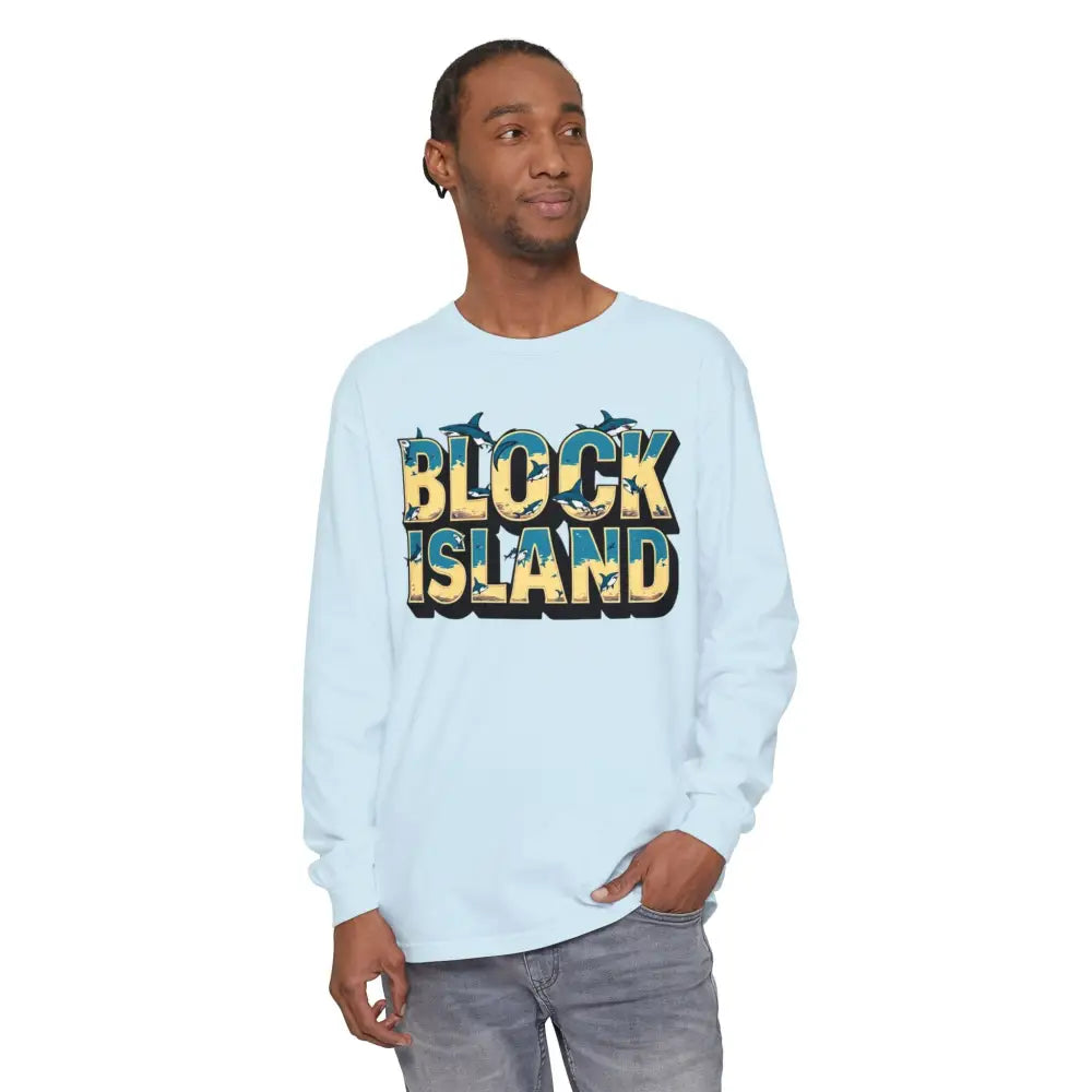 Light blue long-sleeved BLOCK ISLAND Unisex Tee for stylish casual wear
