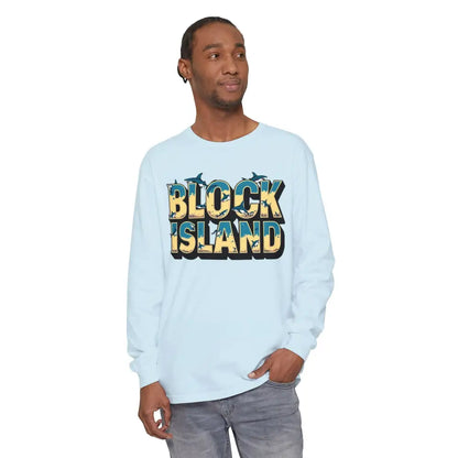 Light blue long-sleeved BLOCK ISLAND Unisex Tee for stylish casual wear