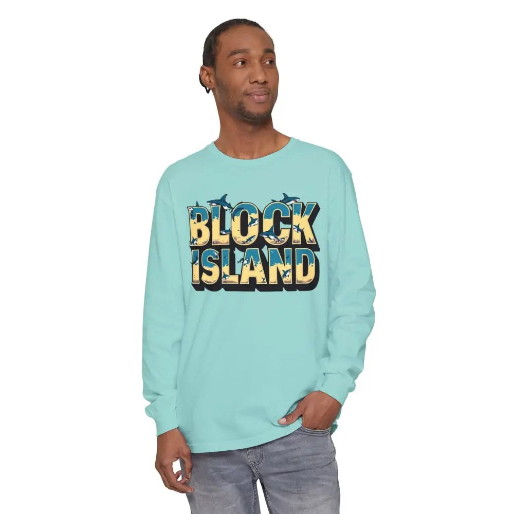 Light blue long-sleeved BLOCK ISLAND Unisex Tee showcasing stylish comfort