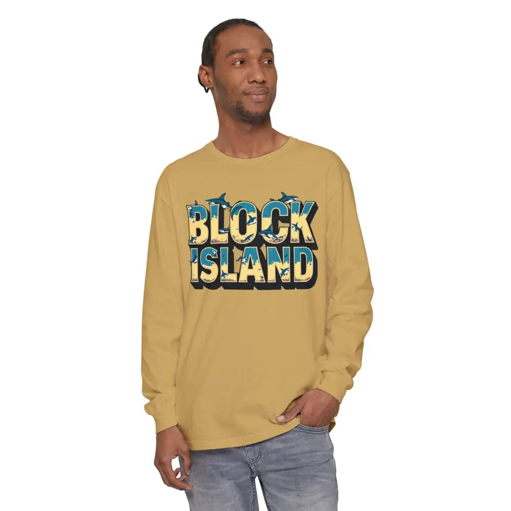 Long-sleeved mustard-colored BLOCK ISLAND Unisex Long Sleeve Tee for casual wear