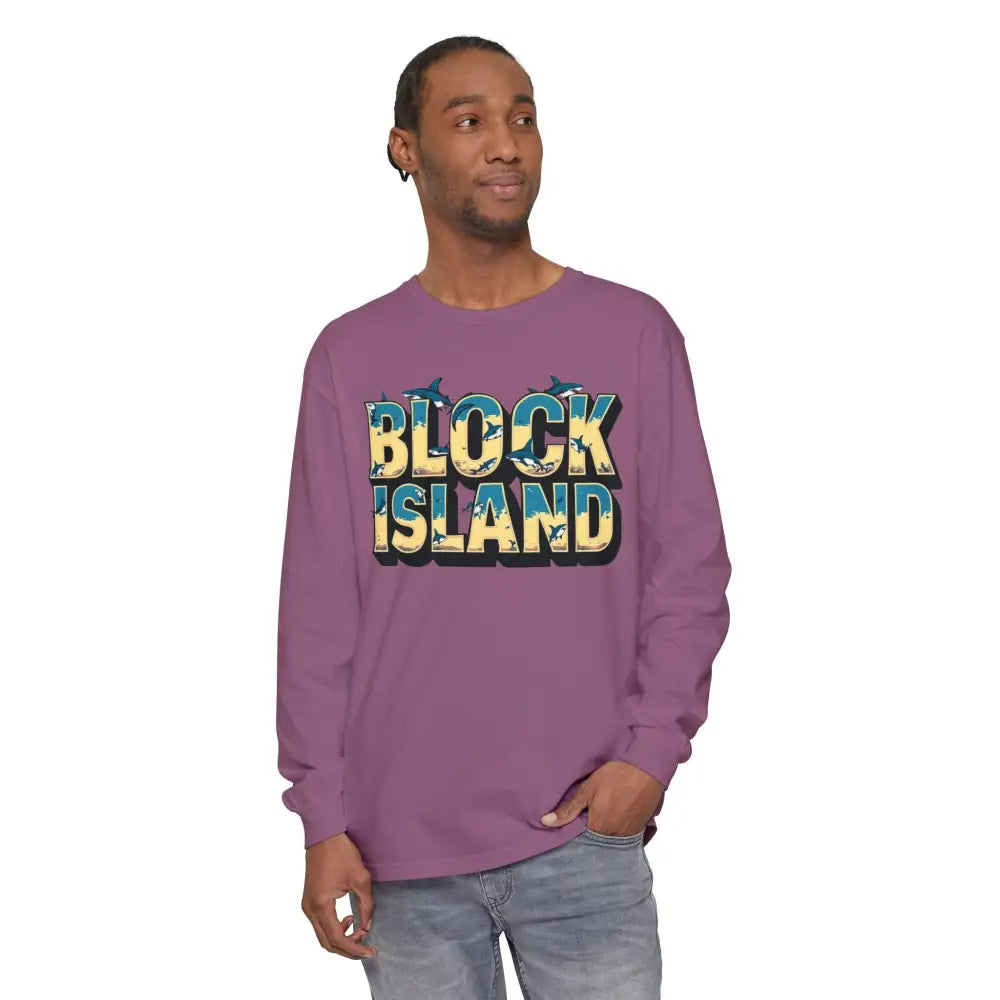 Man showcasing a BLOCK ISLAND Unisex Long Sleeve Tee in a stylish setting