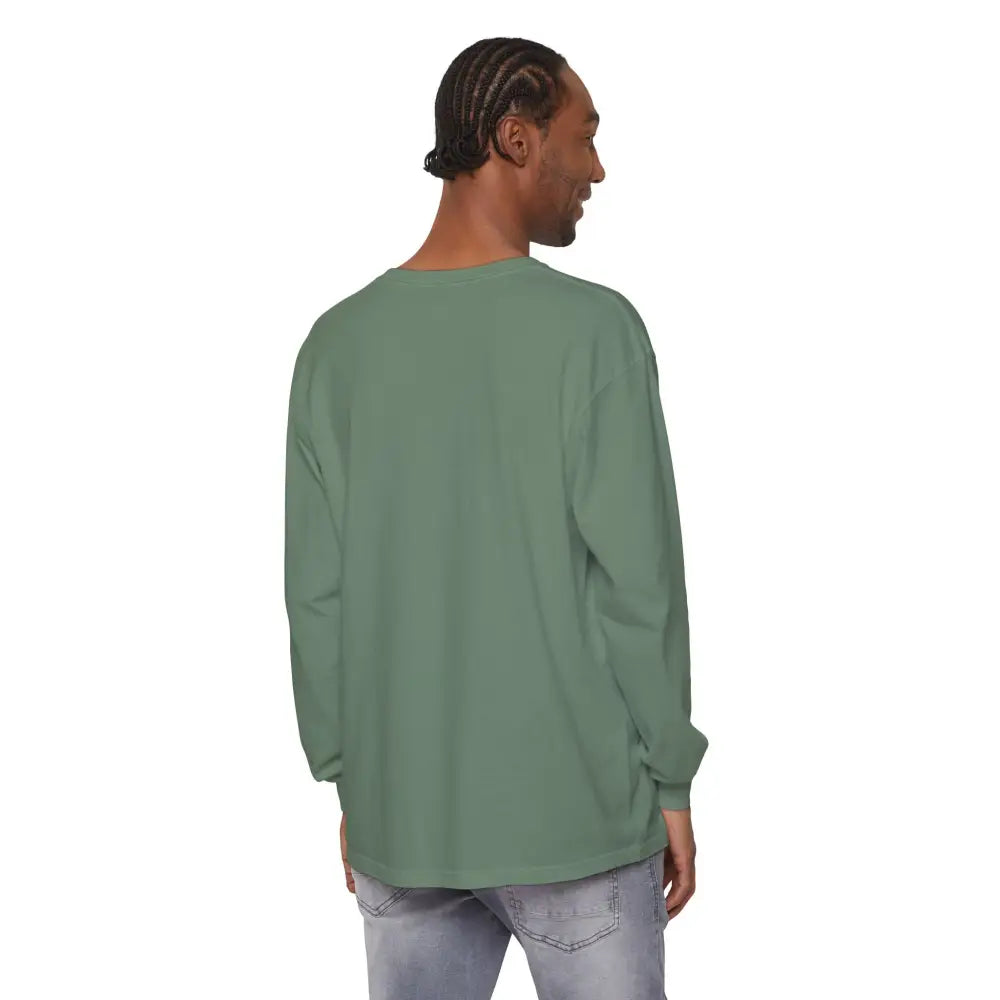 Man wearing a long-sleeved green shirt from BLOCK ISLAND Unisex Long Sleeve Tee