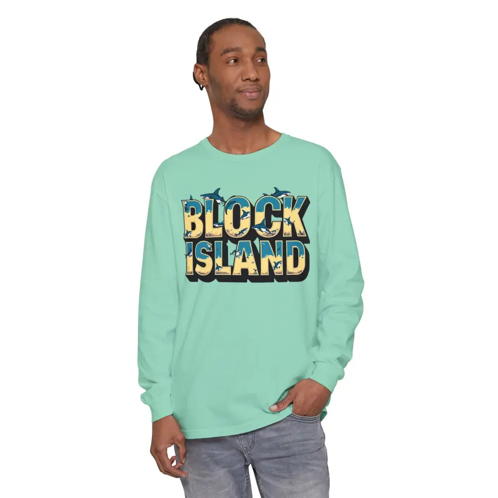 Mint-green long-sleeved shirt from BLOCK ISLAND Unisex Long Sleeve Tee collection