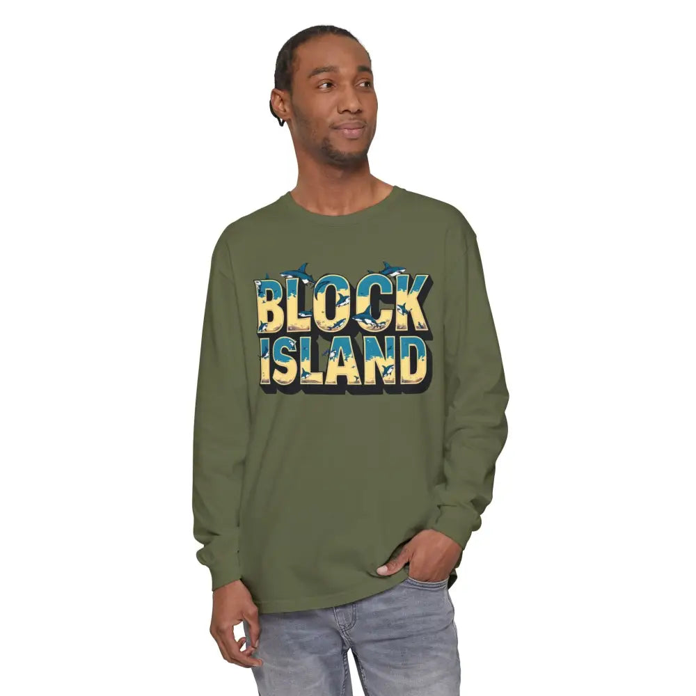 Olive green long-sleeved shirt from BLOCK ISLAND Unisex Long Sleeve Tee collection