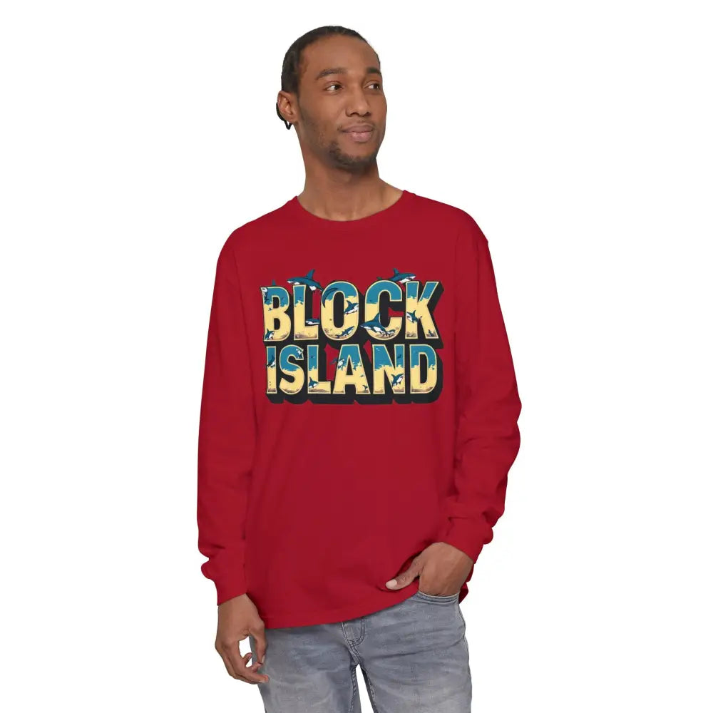 Red long-sleeved BLOCK ISLAND Unisex Tee showcasing stylish comfort and versatility