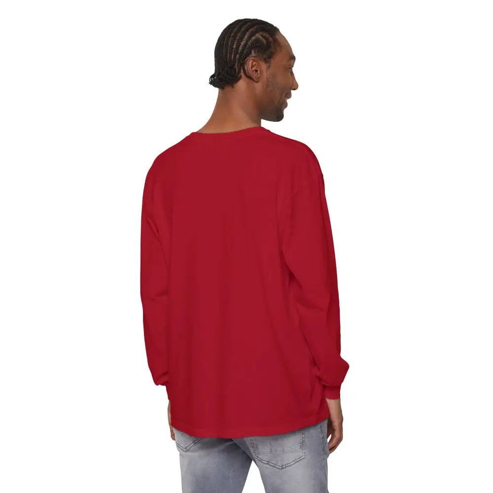 Red long-sleeved BLOCK ISLAND Unisex Long Sleeve Tee displayed prominently