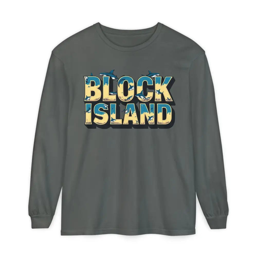 Long-sleeved gray BLOCK ISLAND Unisex Long Sleeve Tee on a neutral background