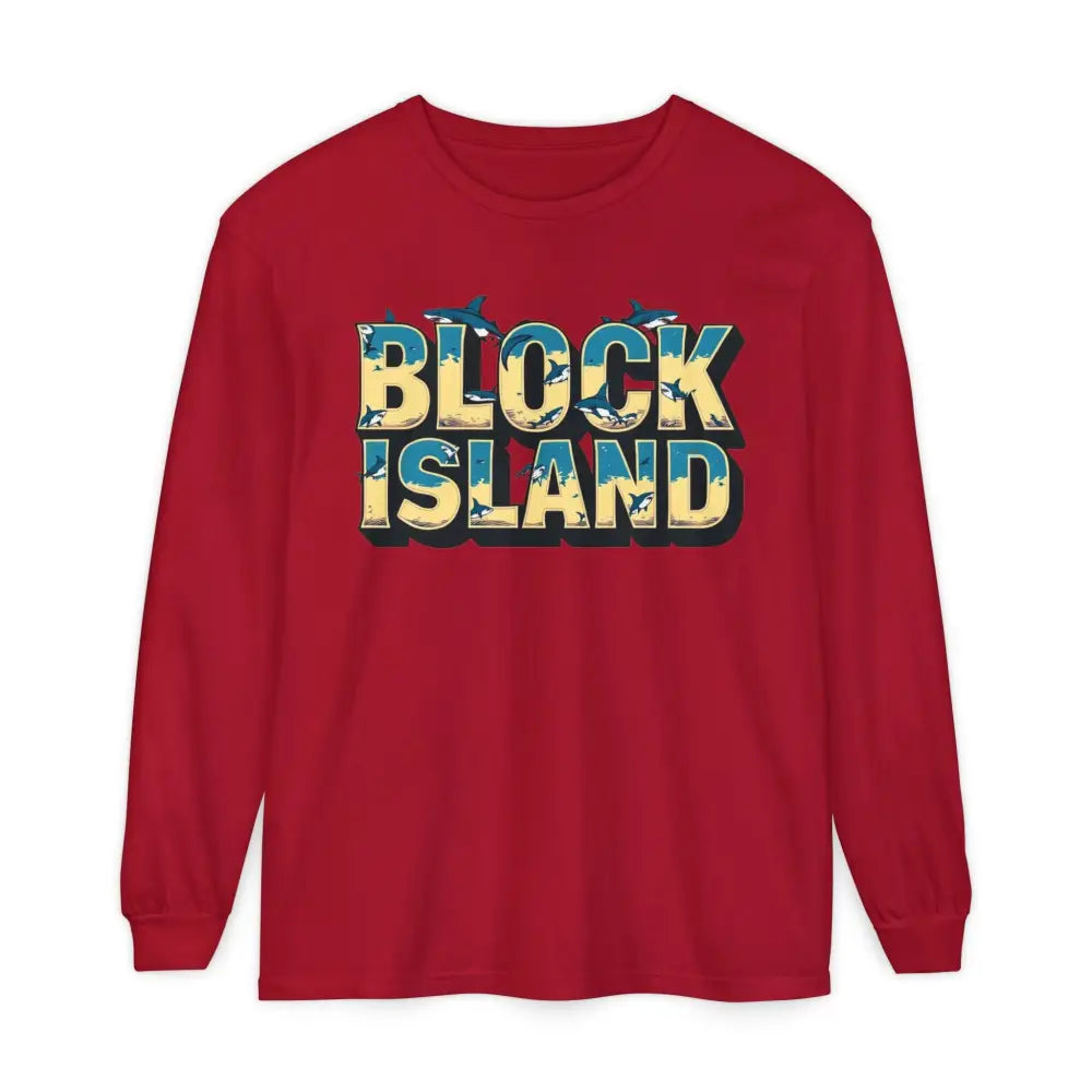 Red long-sleeved shirt featuring Block Island graphic from BLOCK ISLAND Unisex Long Sleeve Tee
