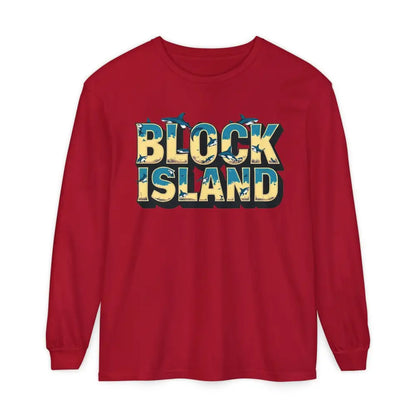 Red long-sleeved shirt featuring Block Island graphic from BLOCK ISLAND Unisex Long Sleeve Tee