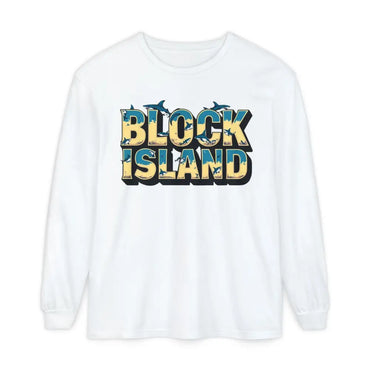 White long-sleeved shirt showcasing BLOCK ISLAND Unisex Long Sleeve Tee style