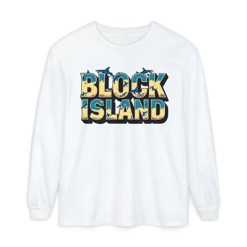 White long-sleeved shirt showcasing BLOCK ISLAND Unisex Long Sleeve Tee style