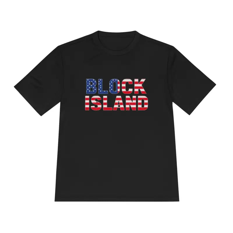 Black Block Island USA Flag Unisex Moisture Wicking T Shirt with American flag lettering