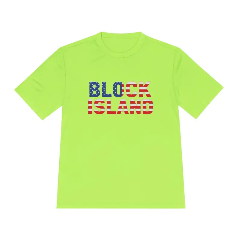 Chartreuse Block Island USA Flag Unisex Moisture Wicking T Shirt displayed prominently