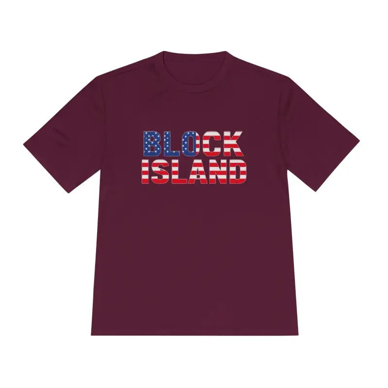 Maroon Block Island USA Flag Unisex Moisture Wicking T Shirt with text design