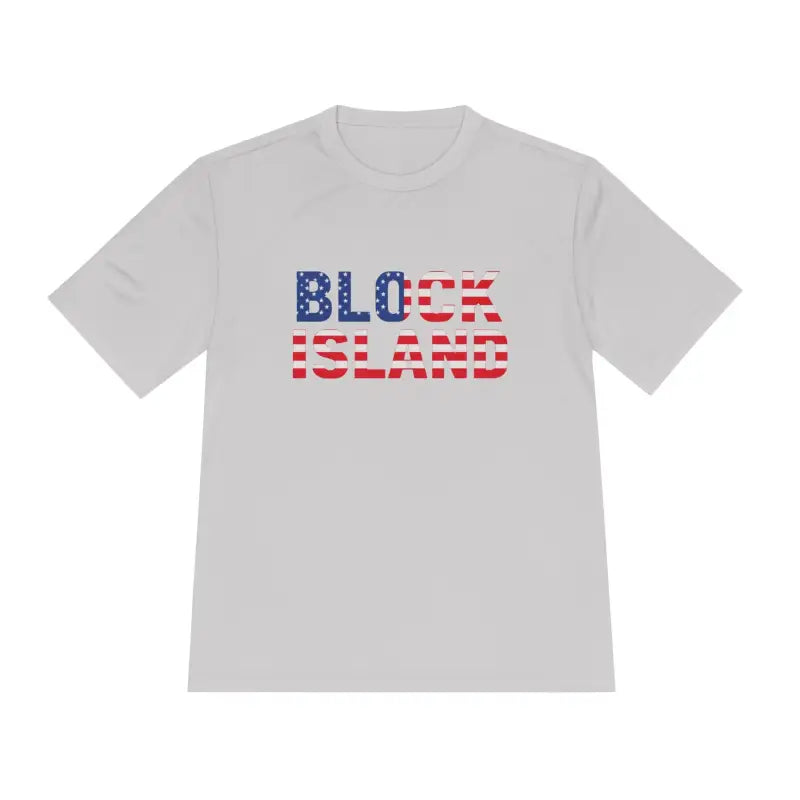 Gray Block Island USA Flag Unisex Moisture Wicking T Shirt with American flag design