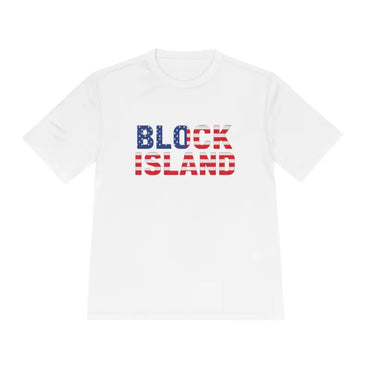 White Block Island USA Flag Unisex Moisture Wicking T-shirt with text design