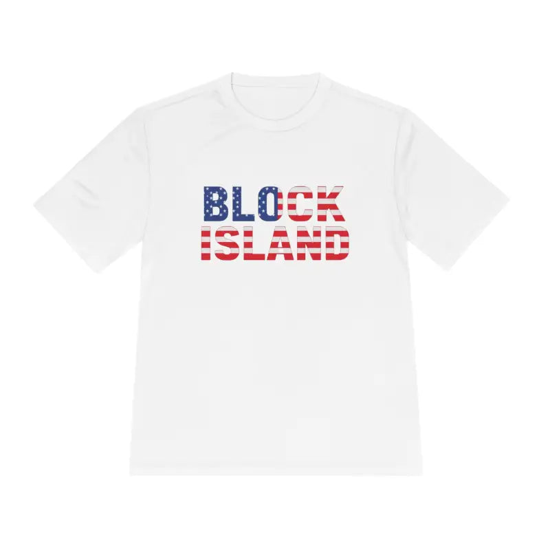 White Block Island USA Flag Unisex Moisture Wicking T-shirt with text design