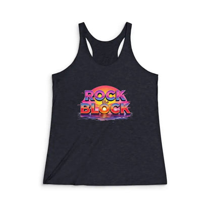 Black tank top featuring Rock the Block graphic from Block Island Women’s Racerback collection