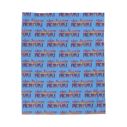 Blue blanket featuring Newport text pattern for stylish and cozy decor