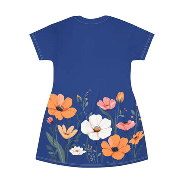 Blue Floral Print T Shirt Dress featuring a vibrant blue floral pattern