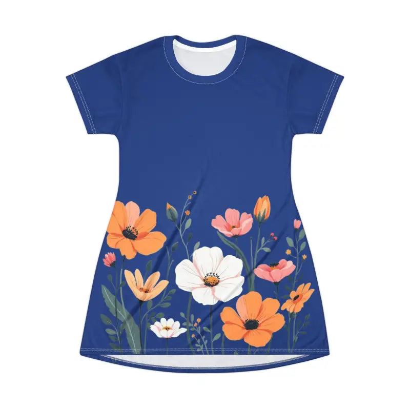 Blue Floral Print T Shirt Dress featuring a vibrant floral design for casual elegance