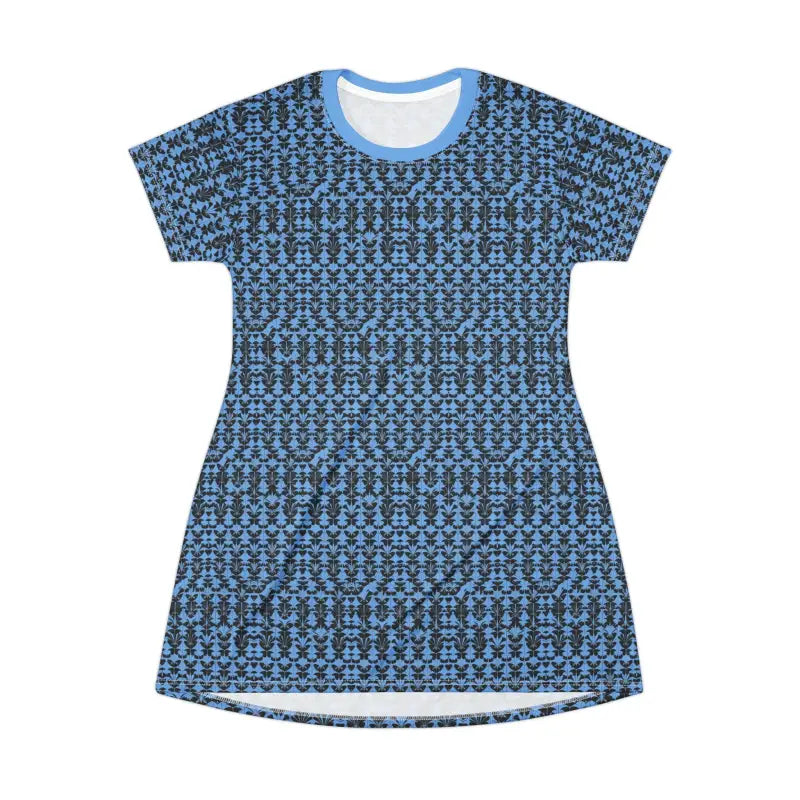 Blue patterned T-shirt dress showcasing a stylish design and comfortable fit