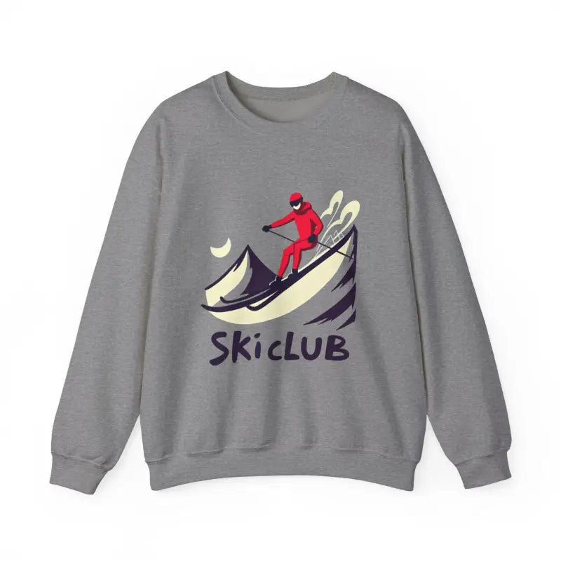 Gray sweatshirt featuring skier graphic from Blue Ski Club Heavy Blend collection