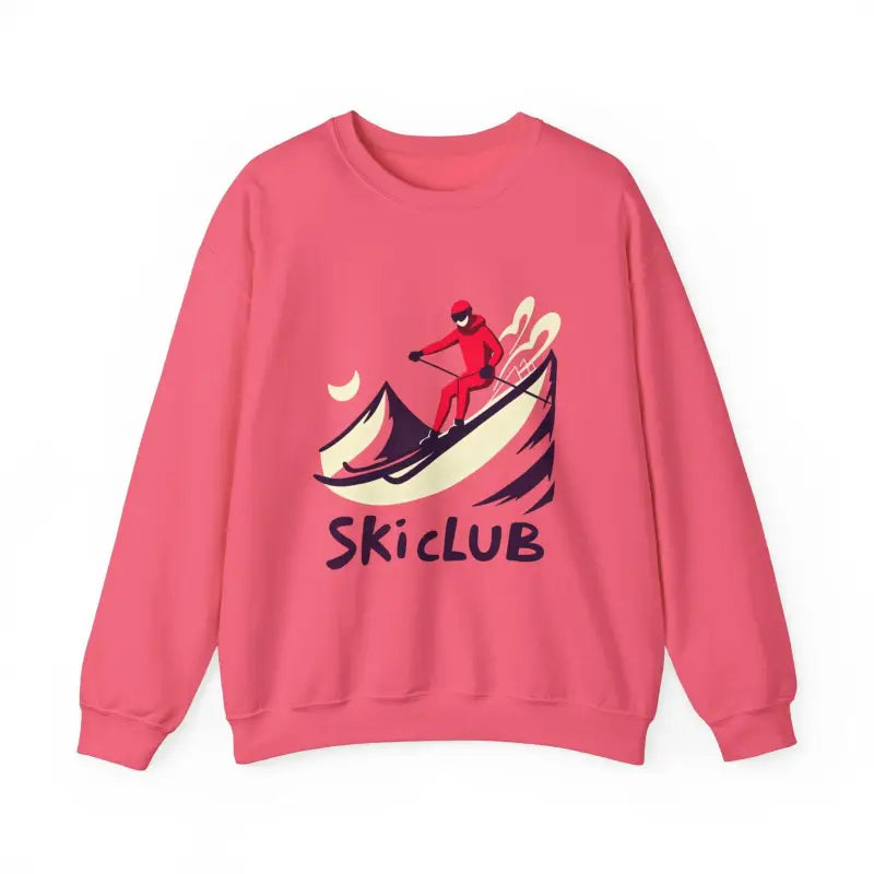 Pink sweatshirt featuring a skier graphic from the Blue Ski Club Heavy Blend collection