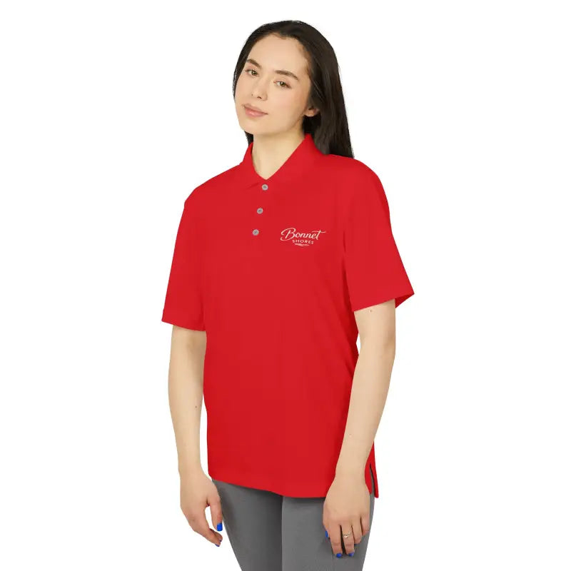 Red Bonnet Shores Embroidered Adidas Unisex Performance Polo Sport Shirt displayed