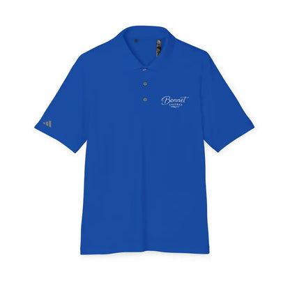 Blue short-sleeved Adidas unisex performance polo shirt from Bonnet Shores collection
