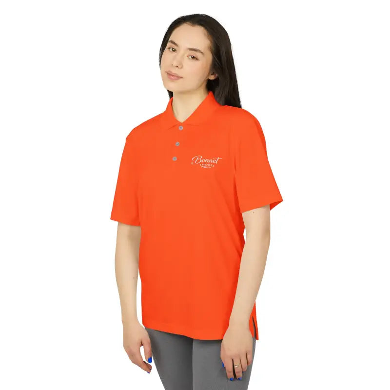 Orange Bonnet Shores Embroidered Adidas Unisex Performance Polo Sport Shirt displayed