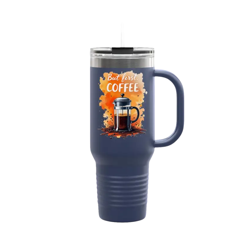 Blue coffee tumbler with handle featured in But First Coffee 40oz Tumbler With Straw