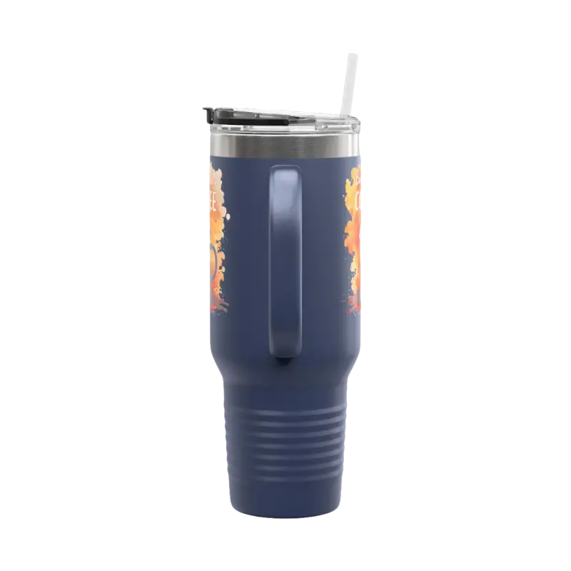 Blue insulated tumbler with handle and straw, But First Coffee 40oz design