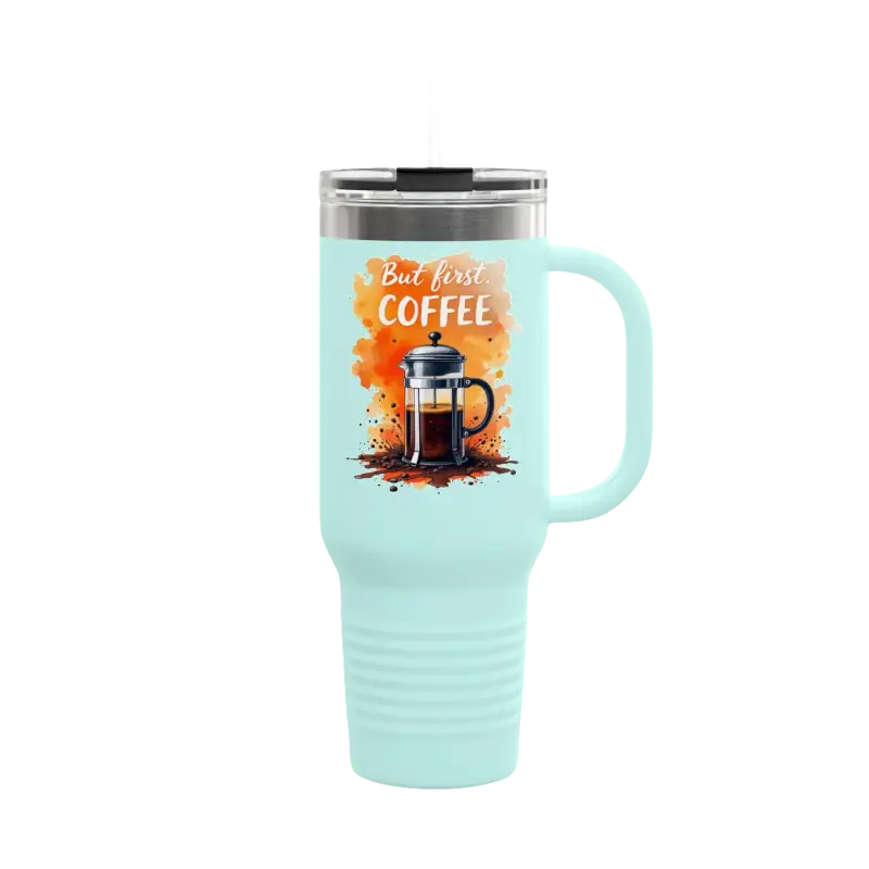 Light blue coffee tumbler with handle from But First Coffee 40oz Tumbler With Straw