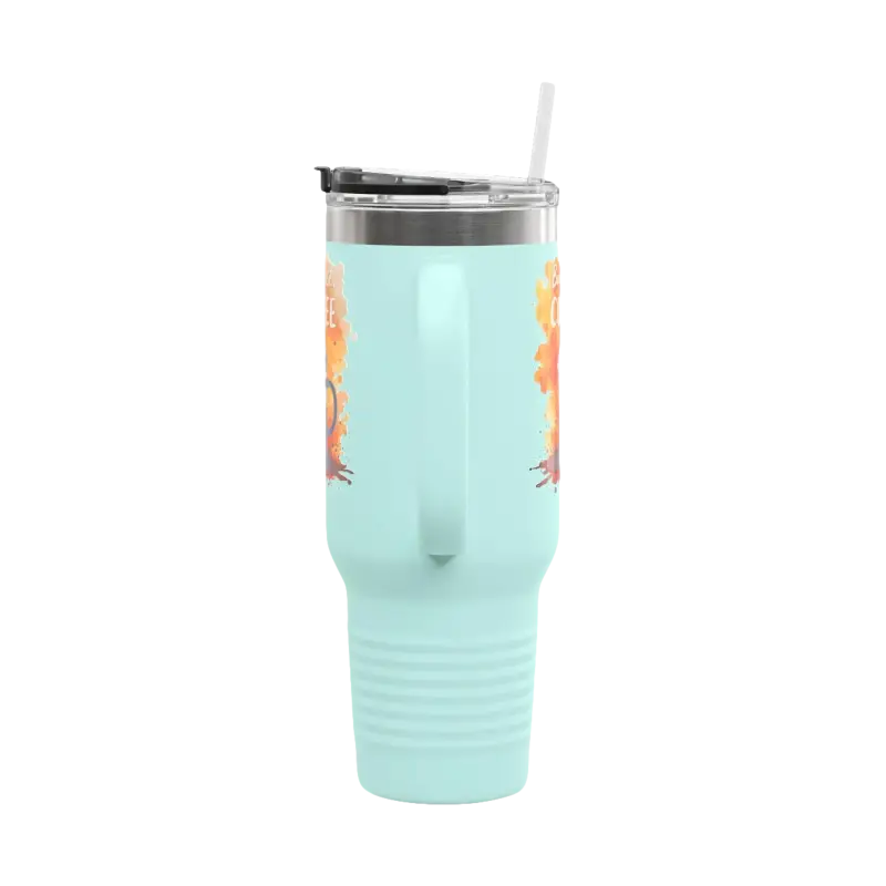 Light blue 40oz But First Coffee tumbler with straw and handle for insulation