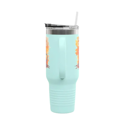 Light blue 40oz But First Coffee tumbler with straw and handle for insulation