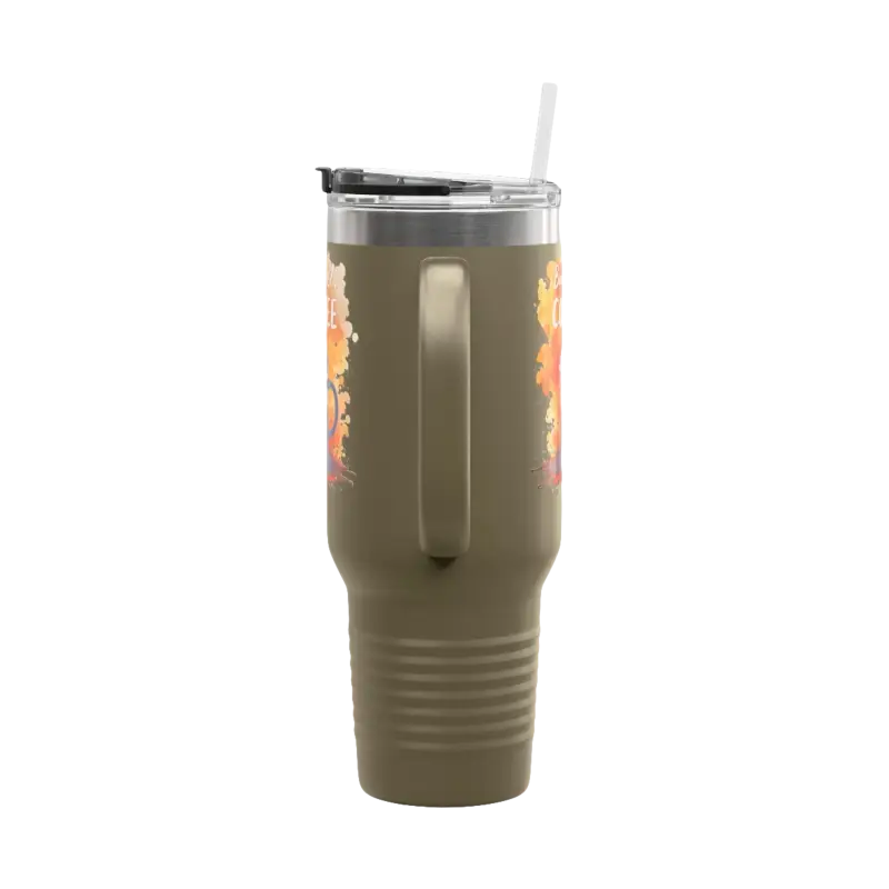 Olive green travel mug with handle and straw for But First Coffee 40oz Tumbler