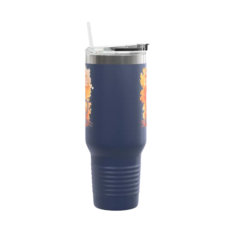 Navy blue But First Coffee 40oz tumbler with straw ideal for beverages on the go