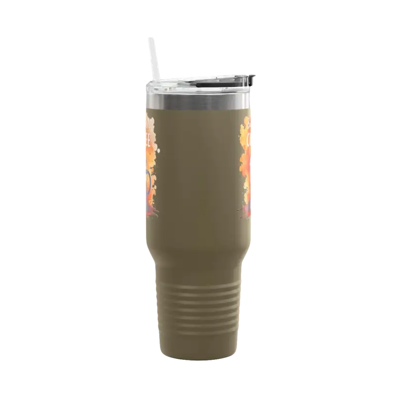 Olive green 40oz tumbler with straw from But First Coffee collection