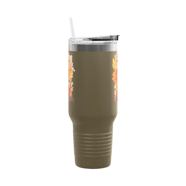 Olive green 40oz tumbler with straw from But First Coffee collection