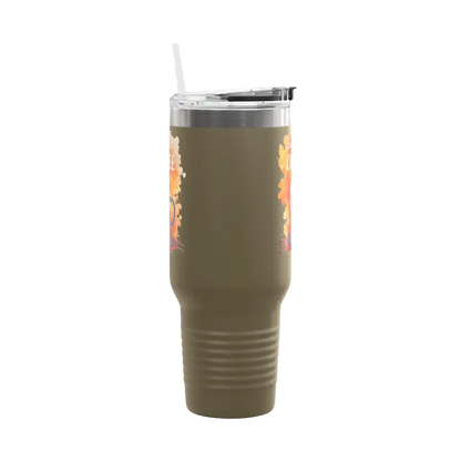 Olive green 40oz tumbler with straw from But First Coffee collection