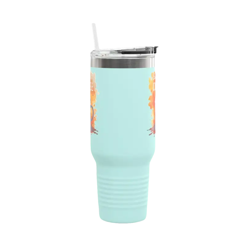 Light blue tumbler with straw from But First Coffee 40oz Tumbler With Straw