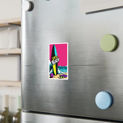 Cartoon Beach Scene Sticker Decal featuring a colorful surfboard and beach scene magnet