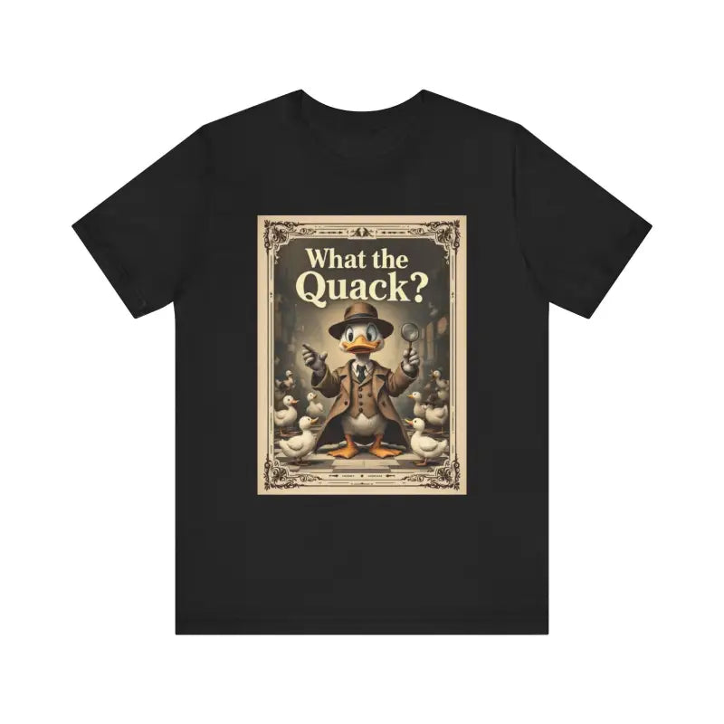 Black Cartoon Duck Detective T-shirt featuring What the Quack humorous graphic design