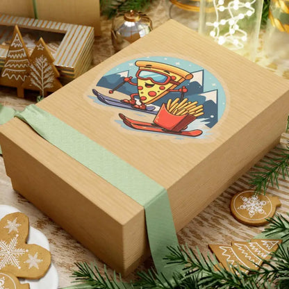 Gift box featuring a skiing pizza sticker from the Cartoon Pizza Slice Skiing set