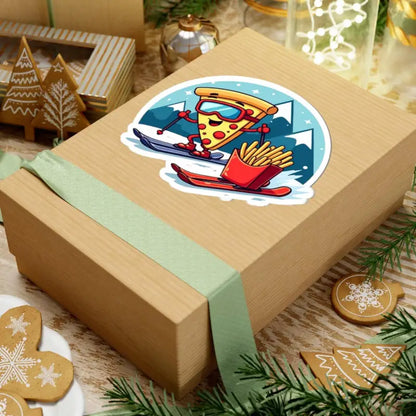 Gift box featuring Cartoon Pizza Slice Skiing with French Fries Sticker Set