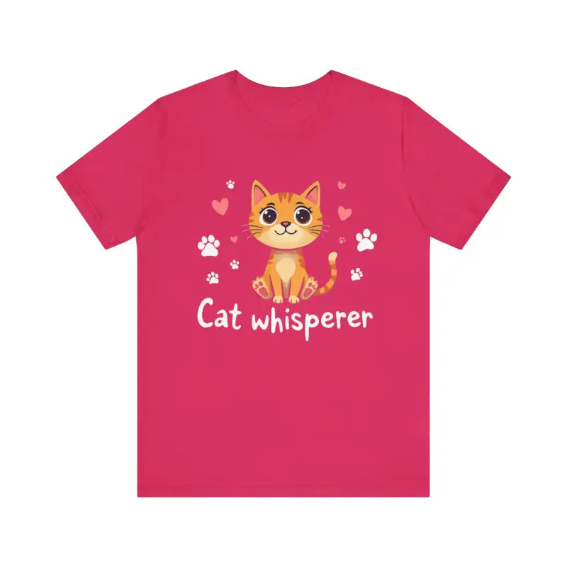Pink Cat Whisperer Unisex Short Sleeve Tee featuring a playful cat graphic design