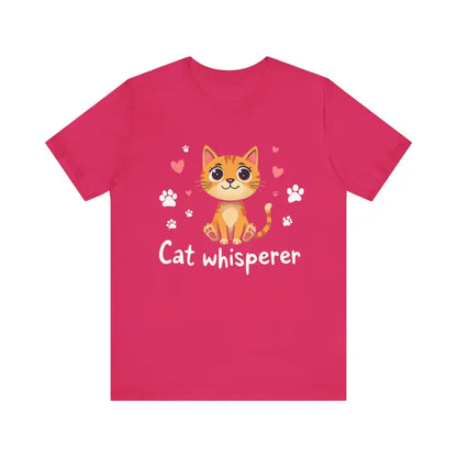 Pink Cat Whisperer Unisex Short Sleeve Tee featuring a playful cat graphic design