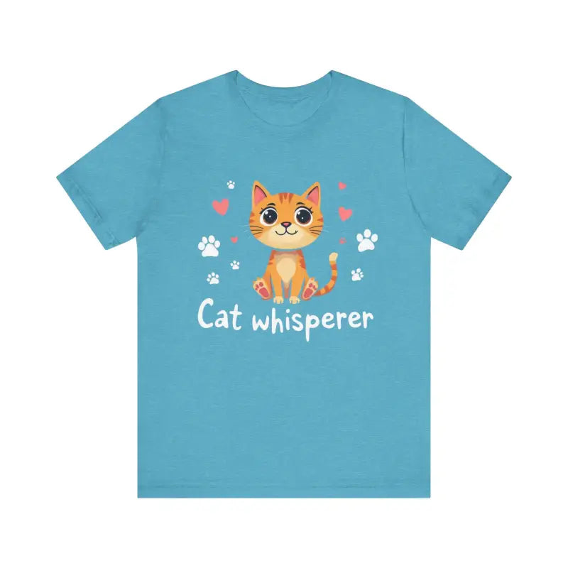 Blue Cat Whisperer Unisex Short Sleeve Tee featuring a playful cat graphic